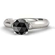 1 Carat Rose Cut Solitaire Engagement Ring Natural Black Diamond With 14k White Gold