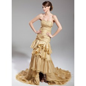 [US$ 168.99] A-Line/Princess Sweetheart Court Train Taffeta Organza Prom Dress With Ruffle Beading (018014707)