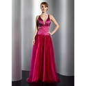 [US$ 142.99] A-Line/Princess V-neck Floor-Length Satin Tulle Prom Dress With Beading (018014778)