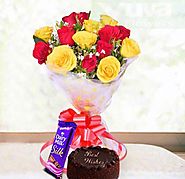 A Beautiful Bouquet Containing ( Yellow & Red) Six Roses Dairy Milk Silk and Chocolate Cake