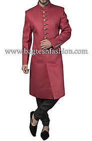 Buy Classic Red Linen Wedding Sherwani Online