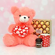 Buy or Order Peach Color Love Teddy With Ferrero Rocher Hamper Online - OyeGifts