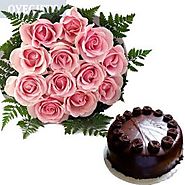 Buy/Send Pink Roses With Chocolate Cake Online Same Day Delivery - OyeGifts.com