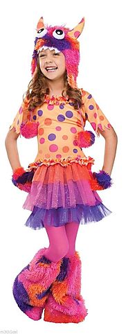 Child Girls Fuzzy Fifi Polka Dot Monster Tutu Dress Halloween Costume Orange NEW
