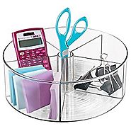 mDesign Lazy Susan Turntable Office Supplies Desk Organizer Bin with Dividers for Scissors, Pens, Sticky Notes, Marke...