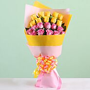 Ravishing Pink & Yellow Roses Bouquet | Gift Multicolour Flower Bouquet Online