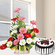 Buy or Order Mix Gerbera Arrangement With Cake Online | Midnight Gifts Online - OyeGifts.com
