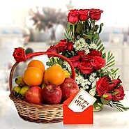 Buy or Order Red Rose Basket With Tasty Fruit Basket Mor Mom Online - OyeGifts