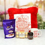 Buy or Order Fall In Love Pillow With Chocolates & Mug Hamper Online - OyeGifts