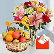 Buy or Order Colorful Roses & Lilies with Fruits For Mom Online - OyeGifts
