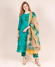 Teal and Yellow Embroidered Suit Set with Dupatta
