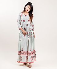 Red and Green Block Printed Long Indo Western Gown Dress