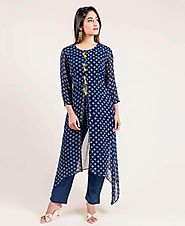 Georgette Indigo Blue And Cotton Asymmetrical Suit with Pants