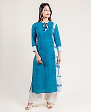 Turquoise Tasseled Straight Fit Block Printed Indian Kurta