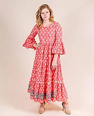 Bell Sleeves Indian Block Printed Coral Flared Cotton Dress