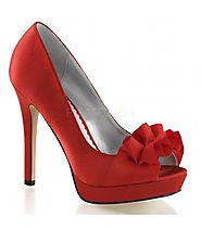 Ruffled Red Satin Peep Toe Dress Pump Step out on the town in this lovely satin pump with ruffle accented peep toe va...