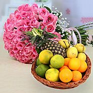 Buy or Order 50 Pink Roses With Mixed Fruit Basket Online - OyeGifts