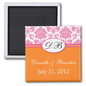 Pink Orange Monogram Damask Wedding Magnet