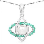 2.58 Carat Genuine Pearl and Emerald .925 Sterling Silver Pendant