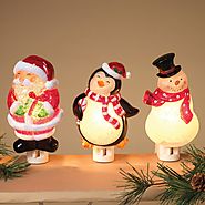 3 Assorted 6" Holiday Christmas Acrylic Night Light Set Snowman Santa Penguin