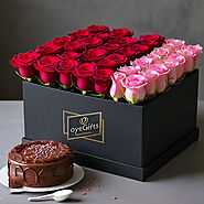 Buy and Send 50 Pink - Red Roses Box with Chocolate Cake Online in India - OyeGifts