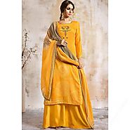 Yellow Cotton Embroidered Palazzo Pant Suit