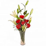 Exotic Vase Arrangement of Lilies and Red Roses