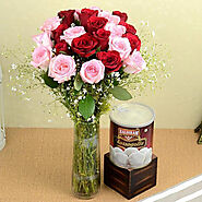 Buy Red & Pink Roses in Glass Vase with Rasgulla online - OyeGifts.com