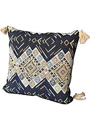 Throw Pillow Cover Tribal Boho Woven Pillowcase with Tassels Soft Square Pillow Sham Blue Multicolor