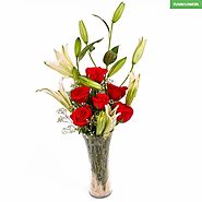 Exotic Vase Arrangement of Lilies and Red Roses