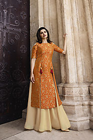 Orange Prachi Desai Banarasi Jacquard Cold Shoulder Style Kurti for Sangeet Ceremony
