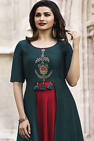 Teal Blue and Red Prachi Desai Long Gown Style Kurti for Teachers Day