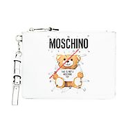 Moschino Safety Pin Teddy Women Leather Clutch White