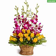 Basket of Yellow Roses with Purple Orchids