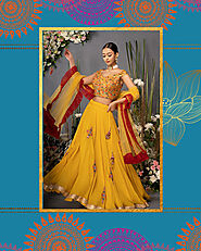 Buy Online Indian Ethnic Embroidered Georgette Yellow Lehenga | Anuchaa