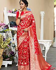 Woven Banarasi Silk Red Saree | Anuchaa