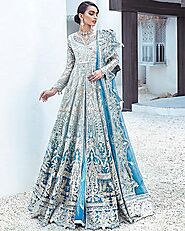 Embroidered Net Sky Blue Pakistani Anarkali Suits | Anuchaa
