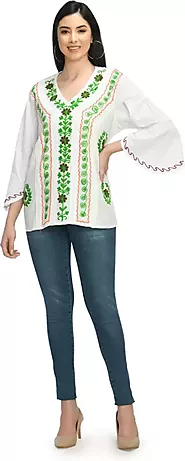 Buy Online Casual Regular Sleeves Embroidered Women Green Top at Flipkart