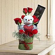 Vase of Teddy with Red Roses and Bournville