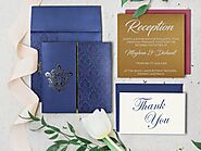 BLUE SHIMMERY DAMASK THEMED - FOIL STAMPED WEDDING CARD : CW-1503 - IndianWeddingCards