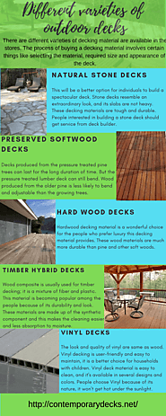 Different varieties of outdoor decks