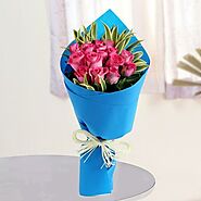 Buy/Send Pink Roses Bunch in Blue Paper Online from OyeGifts