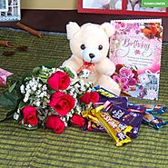 Birthday Roses with Assorted Chocolates and Teddy Bear Only For You