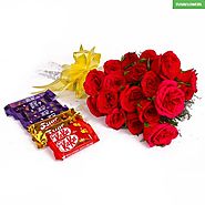 Bouquet of 20 Red Roses and Assorted Cadbury Chocolate Bars