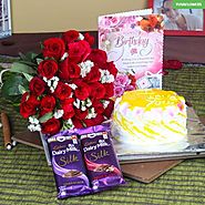Roses with Pineapple Cake and Cadbury Silk for Birthday