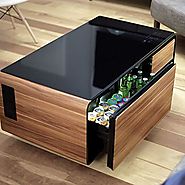 REFRIGERATOR COFFEE TABLE WITH STORAGE DRAWER, BLUETOOTH SPEAKERS, LED LIGHTS, USB CHARGING PORTS FOR TABLETS, LAPTOP...