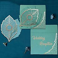 TURQUOISE HANDMADE COTTON FLORAL THEMED - FOIL STAMPED WEDDING CARD : CIN-8219P - IndianWeddingCards