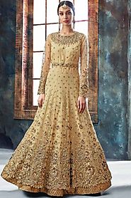 Glorious Light Golden Net Anarkali Gown