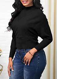 Long Sleeve Cold Shoulder Black Sweater Rosewe