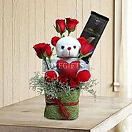 Vase of Teddy with Red Roses and Bournville Chocolate Online